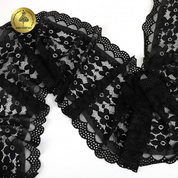Кружево-стрейч KRUZHEVO арт.TBY.8019 шир.180мм цв.2 черный, уп.10м