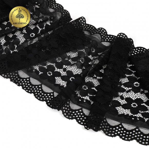 Кружево-стрейч KRUZHEVO арт.TBY.8019 шир.180мм цв.2 черный, уп.10м