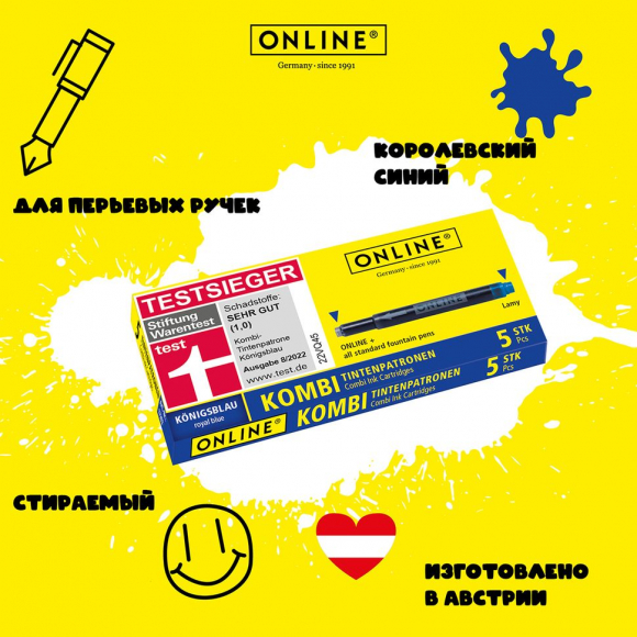 189539_Картридж "Combi Ink Cartridge" для перьевой ручки, 76 мм, цвет синий, в комплекте 20 шт.