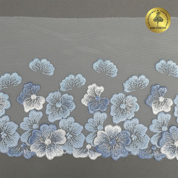 Кружево вышивка на сетке KRUZHEVO арт.TBY.OG87 шир.200мм цв.голубой,левая уп.7м