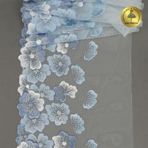 Кружево вышивка на сетке KRUZHEVO арт.TBY.OG87 шир.200мм цв.голубой,левая уп.7м