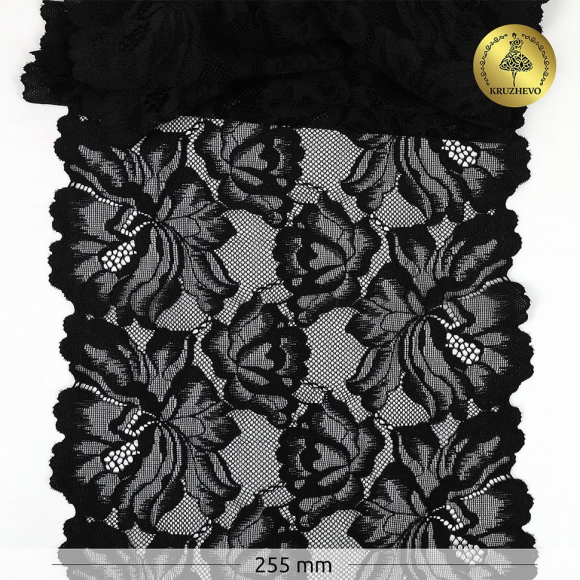Кружево-стрейч KRUZHEVO арт.TBY.OG57 шир.255мм цв.черный уп.10м