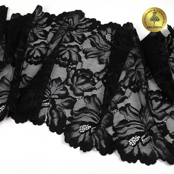 Кружево-стрейч KRUZHEVO арт.TBY.OG57 шир.255мм цв.черный уп.10м