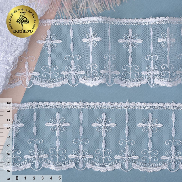 Кружево на сетке KRUZHEVO арт.TR.16GB1608 шир.80мм цв.01 белый, уп.9м