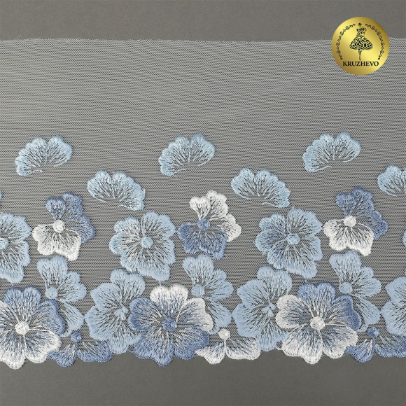 Кружево вышивка на сетке KRUZHEVO арт.TBY.OG87 шир.200мм цв.голубой,правая уп.7м