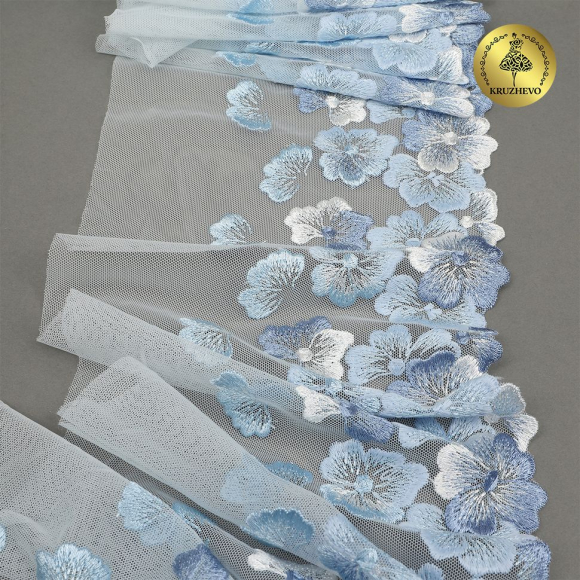 Кружево вышивка на сетке KRUZHEVO арт.TBY.OG87 шир.200мм цв.голубой,правая уп.7м