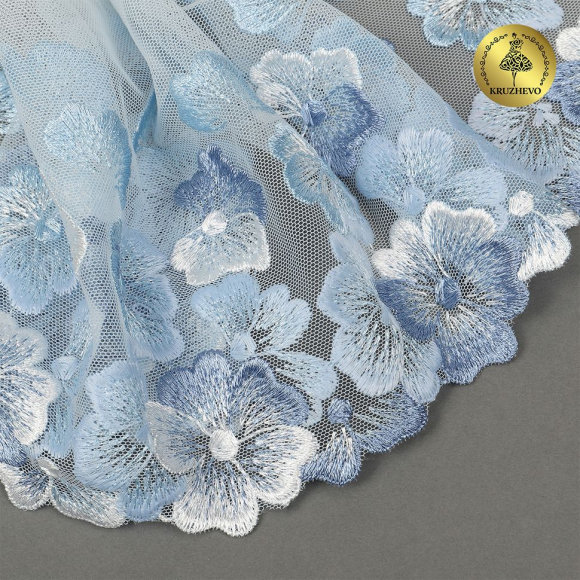 Кружево вышивка на сетке KRUZHEVO арт.TBY.OG87 шир.200мм цв.голубой,правая уп.7м