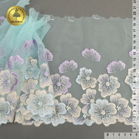 Кружево вышивка на сетке KRUZHEVO арт.TBY.OG87 шир.200мм цв.бирюзовый, левая уп.7м