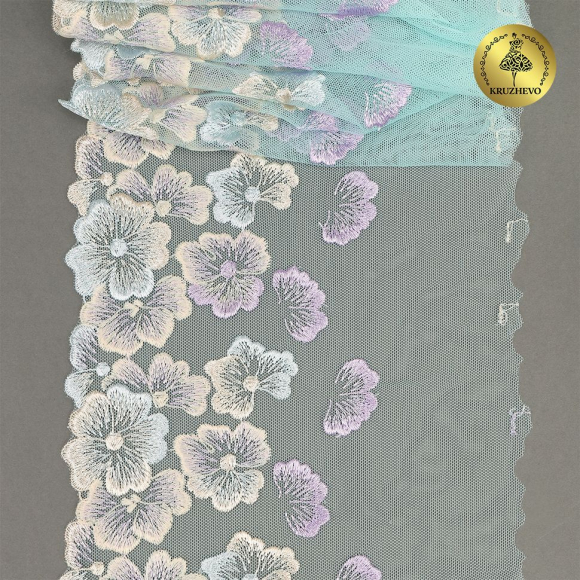 Кружево вышивка на сетке KRUZHEVO арт.TBY.OG87 шир.200мм цв.бирюзовый, левая уп.7м