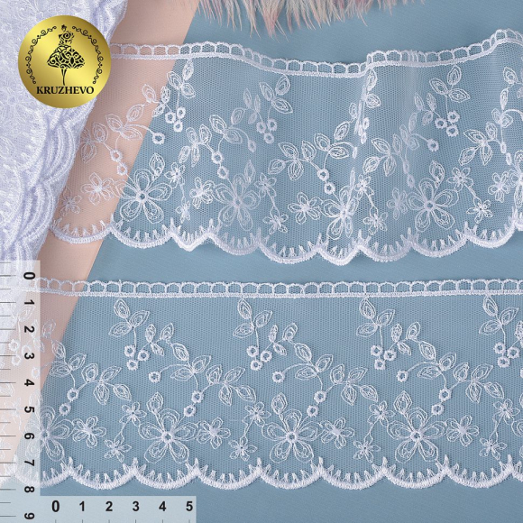 Кружево на сетке KRUZHEVO арт.TR.16GB0394 шир.80мм цв.01 белый, уп.9м