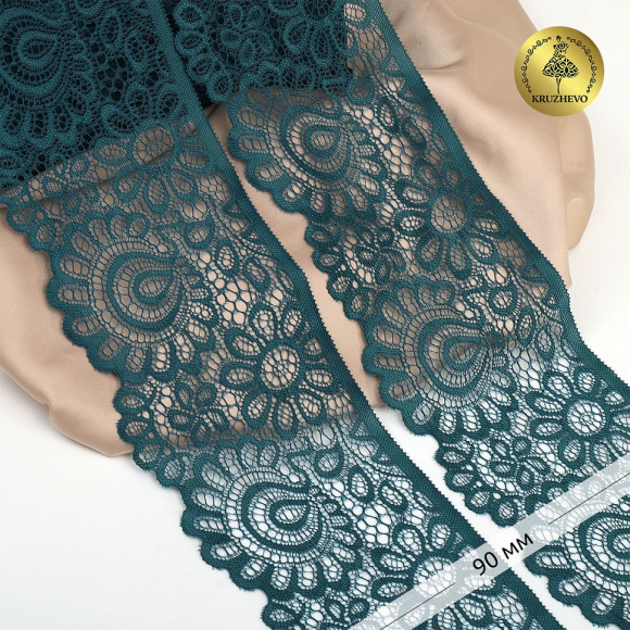 Кружево-стрейч KRUZHEVO арт.TBY.YSTL00839/N шир.90мм цв.222 изумрудно-синий уп.25м