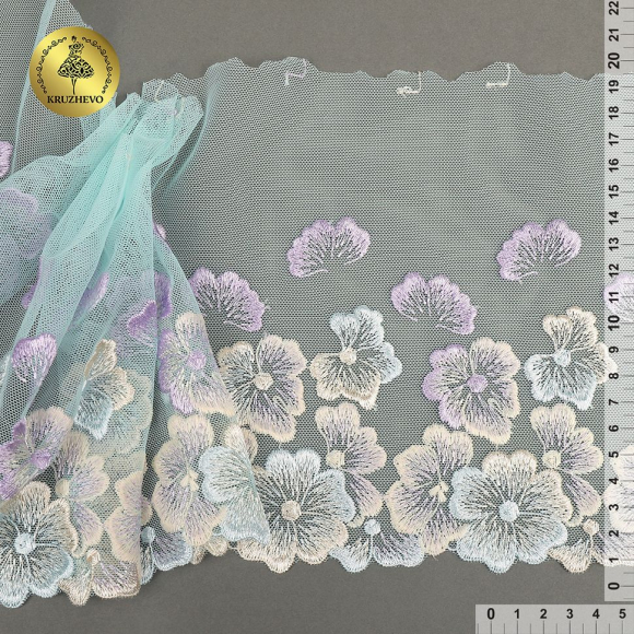 Кружево вышивка на сетке KRUZHEVO арт.TBY.OG87 шир.200мм цв.бирюзовый, правая уп.7м