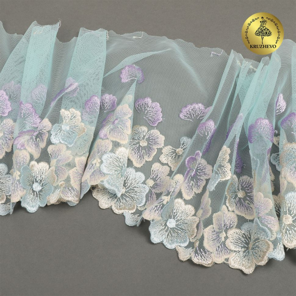 Кружево вышивка на сетке KRUZHEVO арт.TBY.OG87 шир.200мм цв.бирюзовый, правая уп.7м