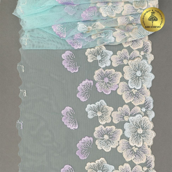 Кружево вышивка на сетке KRUZHEVO арт.TBY.OG87 шир.200мм цв.бирюзовый, правая уп.7м