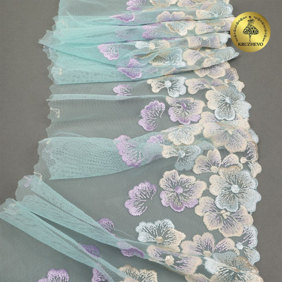 Кружево вышивка на сетке KRUZHEVO арт.TBY.OG87 шир.200мм цв.бирюзовый, правая уп.7м