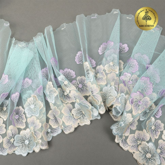 Кружево вышивка на сетке KRUZHEVO арт.TBY.OG87 шир.200мм цв.бирюзовый, правая уп.7м