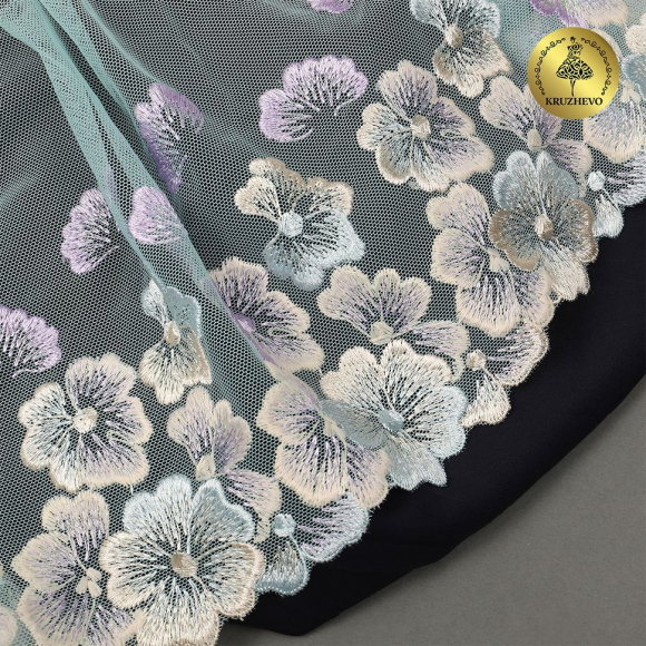 Кружево вышивка на сетке KRUZHEVO арт.TBY.OG87 шир.200мм цв.бирюзовый, правая уп.7м