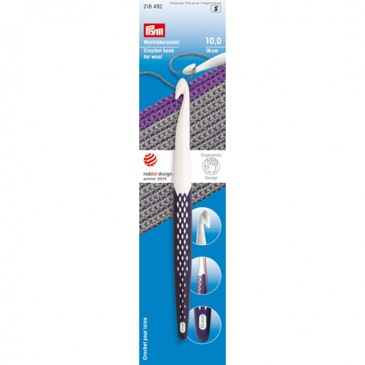 218492 PRYM Крючок для вязания Prym ergonomics 17см 10мм пластик уп.1шт белый/фиолетовый