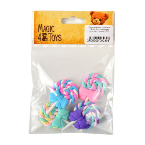 Конфета леденец с бантиком арт.КЛ.18511 полимерная глина 2,5х4,5см, 4шт., ассорти
