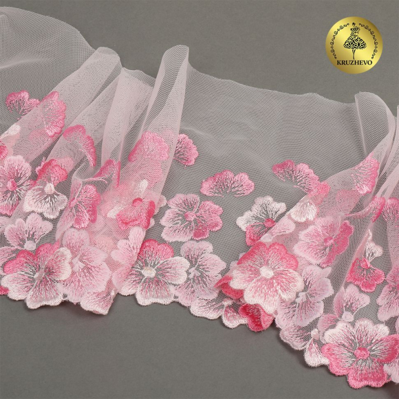 Кружево вышивка на сетке KRUZHEVO арт.TBY.OG87 шир.200мм цв.розовый, левая уп.7м