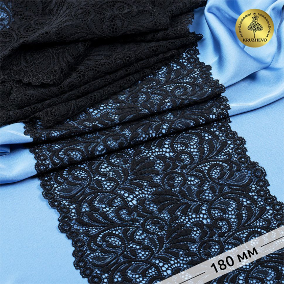 Кружево-стрейч KRUZHEVO арт.TBY 8012 шир.180мм цв.2 черный уп.20м