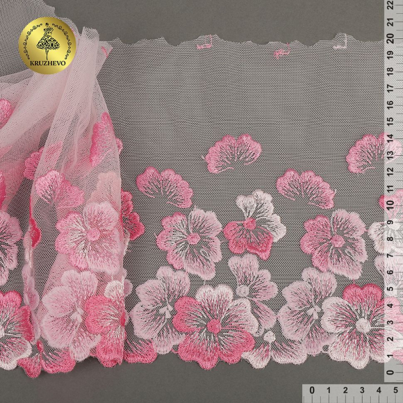 Кружево вышивка на сетке KRUZHEVO арт.TBY.OG87 шир.200мм цв.розовый, правая уп.7м Кружево вышивка на сетке KRUZHEVO арт.TBY.OG87 шир.200мм цв.розовый, правая уп.7м