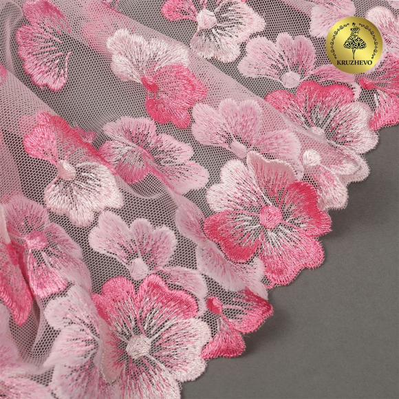 Кружево вышивка на сетке KRUZHEVO арт.TBY.OG87 шир.200мм цв.розовый, правая уп.7м Кружево вышивка на сетке KRUZHEVO арт.TBY.OG87 шир.200мм цв.розовый, правая уп.7м