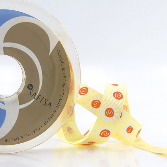 Лента репсовая SAFISA с напечатаным рисунком, 15 мм, 15 м, цвет 32, желтый