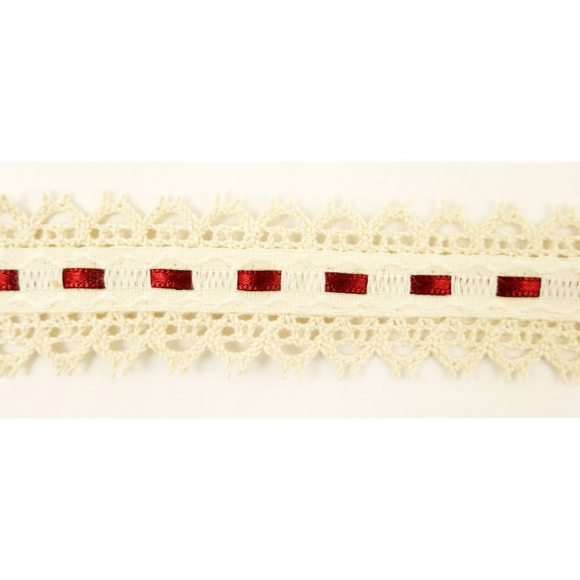 Тесьма декоративная, 30 мм, с двойным кружевом и атласной бордовой лентой, бежевая