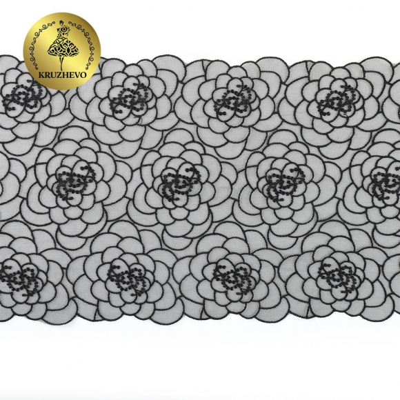 Кружево вышивка на сетке KRUZHEVO арт.TBY.OG47 шир.205мм цв.черный уп.8м