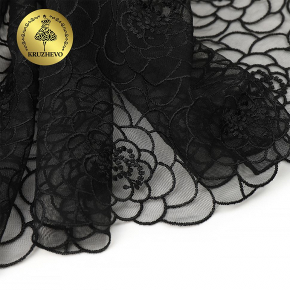 Кружево вышивка на сетке KRUZHEVO арт.TBY.OG47 шир.205мм цв.черный уп.8м