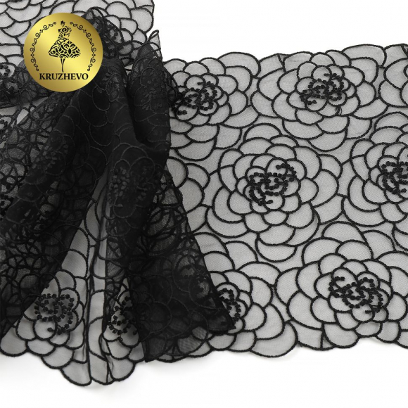 Кружево вышивка на сетке KRUZHEVO арт.TBY.OG47 шир.205мм цв.черный уп.8м