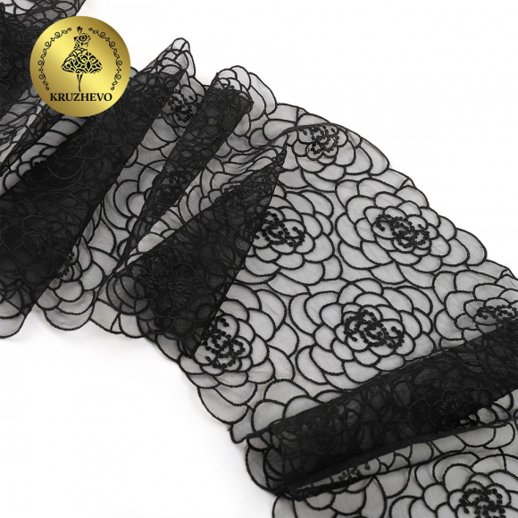 Кружево вышивка на сетке KRUZHEVO арт.TBY.OG47 шир.205мм цв.черный уп.8м