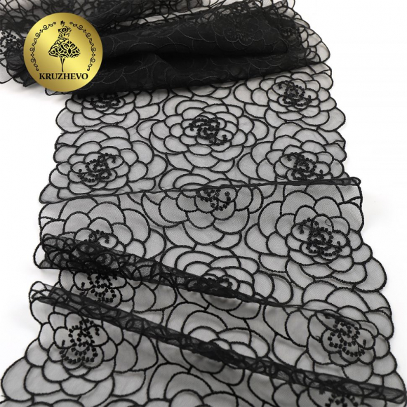 Кружево вышивка на сетке KRUZHEVO арт.TBY.OG47 шир.205мм цв.черный уп.8м