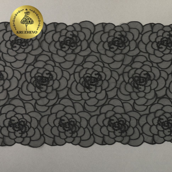 Кружево вышивка на сетке KRUZHEVO арт.TBY.OG47 шир.205мм цв.черный уп.8м
