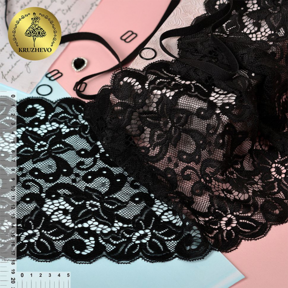 Кружево-стрейч KRUZHEVO арт.TBY 8015 шир.180мм цв.2 черный уп.20м Кружево-стрейч KRUZHEVO арт.TBY 8015 шир.180мм цв.2 черный уп.20м
