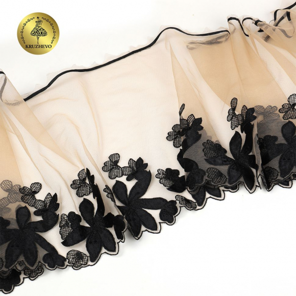 Кружево вышивка на сетке KRUZHEVO арт.TBY.OG88 шир.270мм цв.телесный+чёрный,левая уп.6,75м