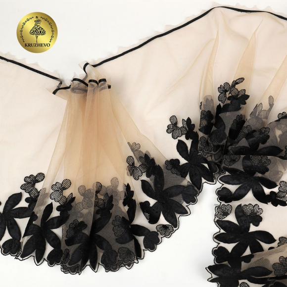 Кружево вышивка на сетке KRUZHEVO арт.TBY.OG88 шир.270мм цв.телесный+чёрный,левая уп.6,75м