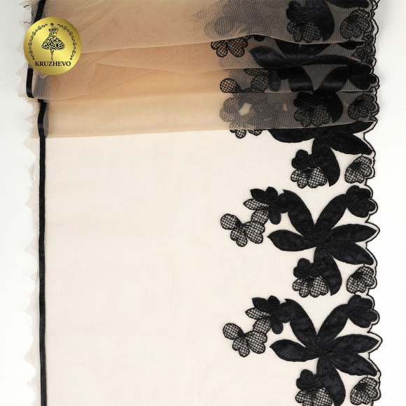 Кружево вышивка на сетке KRUZHEVO арт.TBY.OG88 шир.270мм цв.телесный+чёрный,левая уп.6,75м