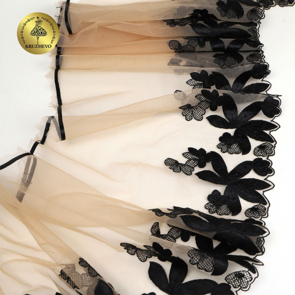 Кружево вышивка на сетке KRUZHEVO арт.TBY.OG88 шир.270мм цв.телесный+чёрный,левая уп.6,75м