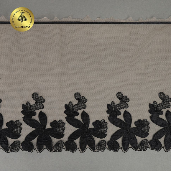 Кружево вышивка на сетке KRUZHEVO арт.TBY.OG88 шир.270мм цв.телесный+чёрный,левая уп.6,75м